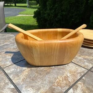 Vintage Turned Wood Staved Heavy Wooden Salad 13.5” x 9" Bowl SILVESTRI Thailand
